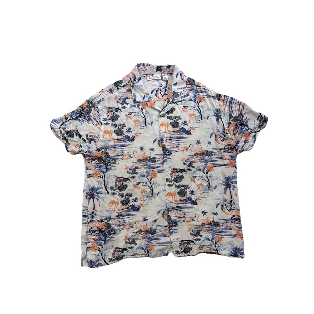 Cubavera Men's Size XL Flamingo Tropical Hawaiian Button Up Shirt Blue White